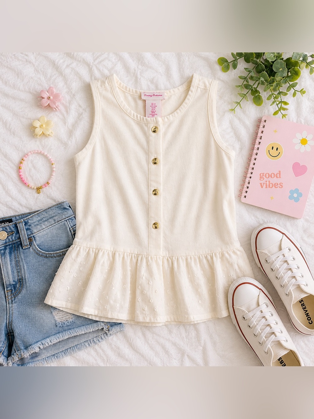 Tommy Bahama Cream Ruffle-Hem Button Tank Top
